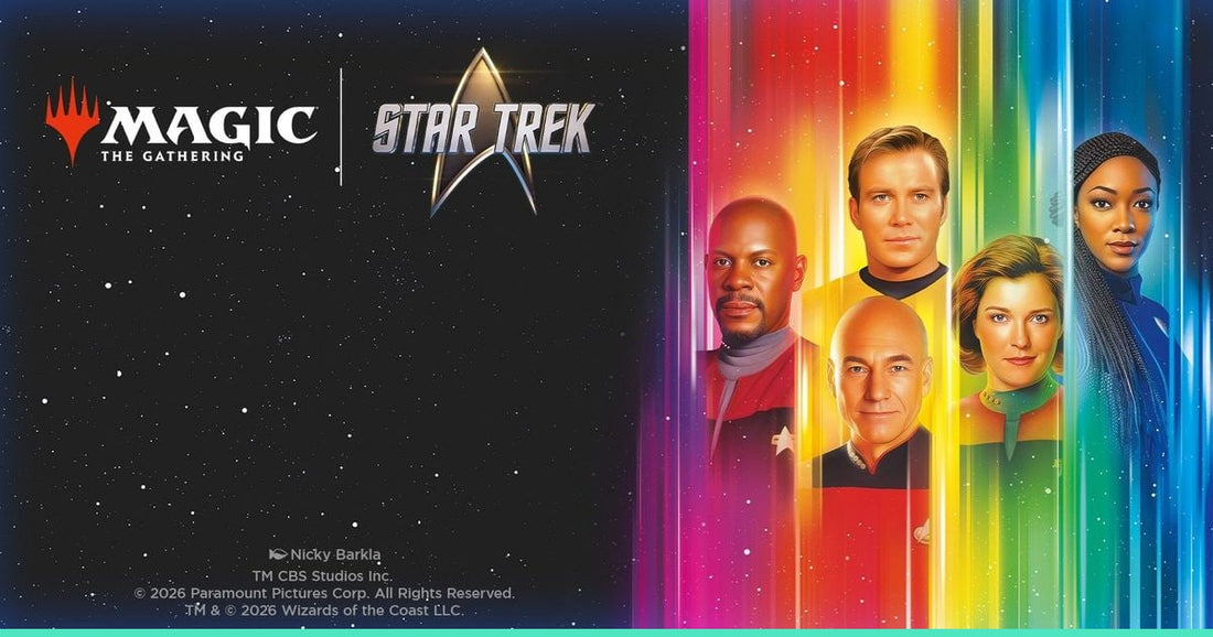 Kirk, Picard, Sisko, Janeway et Burnham — illustration Magic: The Gathering | Star Trek.
