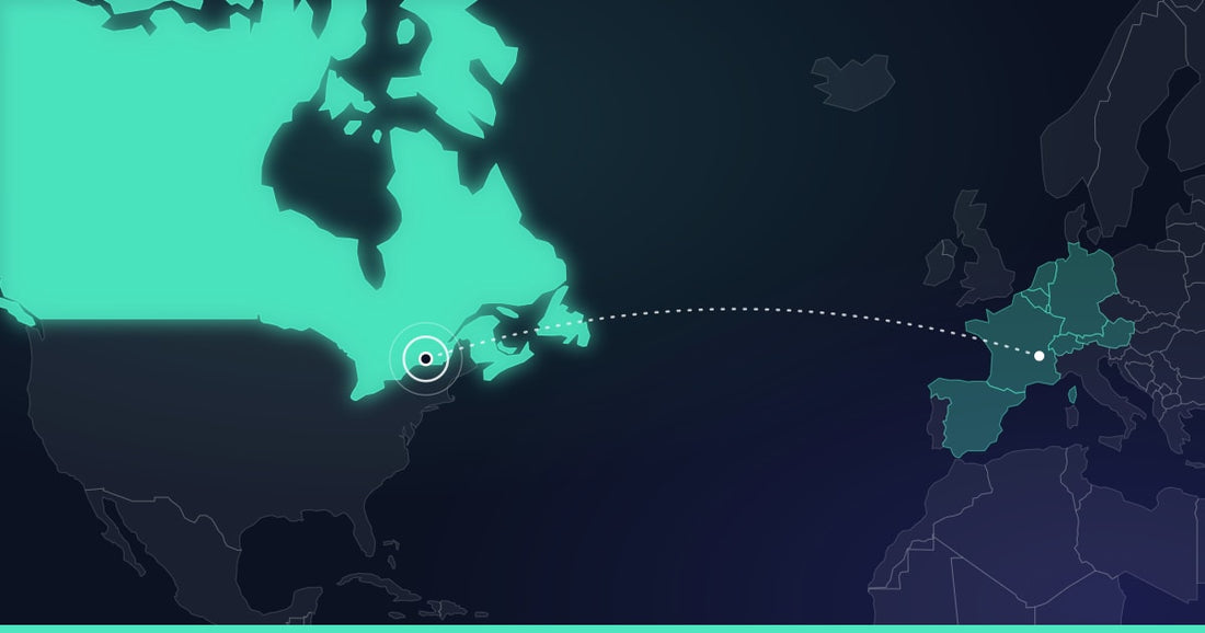Carte de l’Atlantique Nord : le Canada allumé, Montréal cerclée, reliée à la France et aux pays européens déjà desservis.