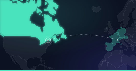 Carte de l’Atlantique Nord : le Canada allumé, Montréal cerclée, reliée à la France et aux pays européens déjà desservis.