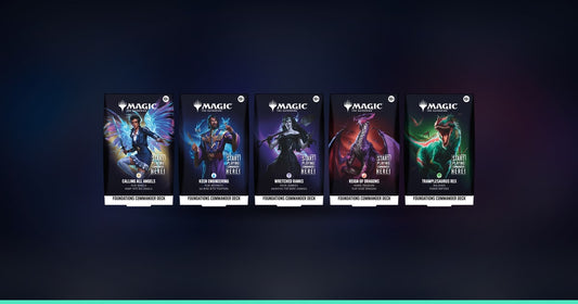 Les cinq boîtes de decks Commander Foundations alignées — Magic: The Gathering.